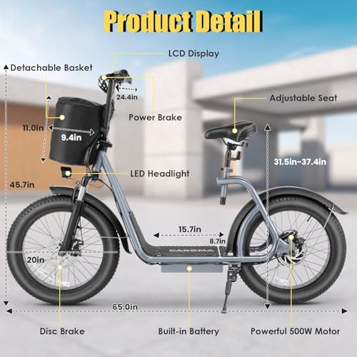 Caroma Peak 800w Electric Scooter Adults 20X3 Fat Tire, 20 MPH Top Speed & 30 Miles Range, Off-Road E Scooter w/Adjustable Seat & Detachable Basket, Foldable Ebike w/Shock Absorption for Commuting - Image 15