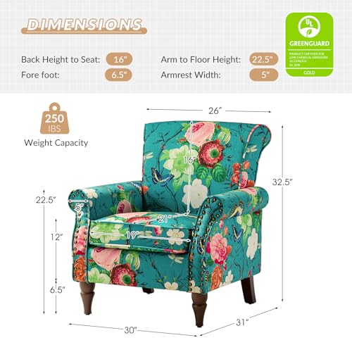 HULALA HOME Modern Wingback Accent Chair with Wood Legs & Removable Cushion, Comfy Upholstered Armchair with Nailhead Trim, Floral Pattern Single Sofa Chair for Living Room Bedroom, Blue - Image 25