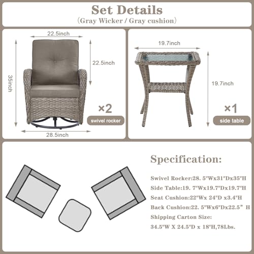 Patio Wicker Chairs Swivel Rocker – Outdoor Swivel Rocking Chairs Set of 2 with Rattan Side Table, Patio Swivel Glider Chair 3 Piece Patio Furniture Sets for Deck Porch Pool Brown/Blue - Image 22